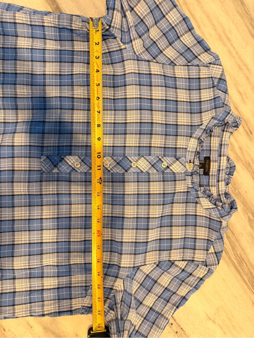 Talbots Blue Plaid Ruffle-Collar Button-Front Shirt - Picture 5 of 8